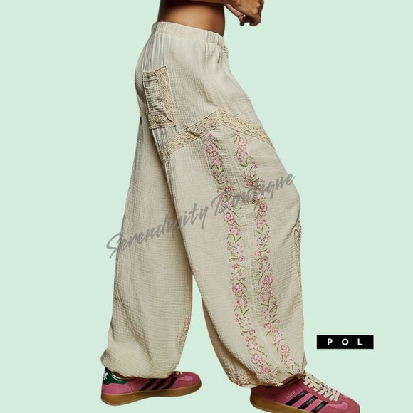 NWOT POL Cream Wide Leg Pants with Pink Embroidery - Picture 7 of 9